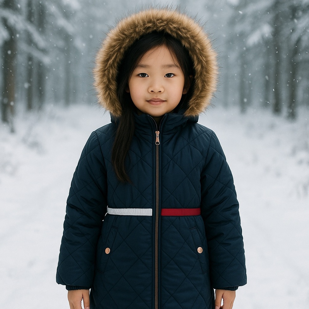 COPY - 🎀 Tommy Hilfiger Girls Coat Faux Fur Hood Navy Blue Red White Stripe Siz…
